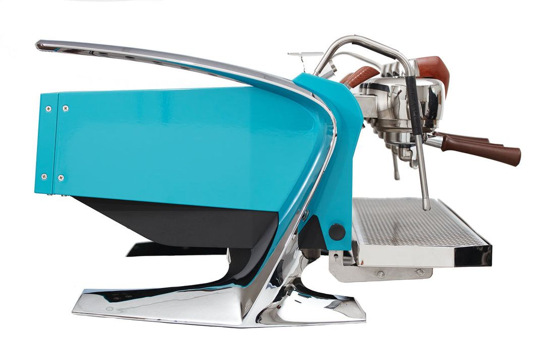 Slayer Steam LP three-group espresso machine in turquoise blue — the machine behind every espresso at BRU Basel