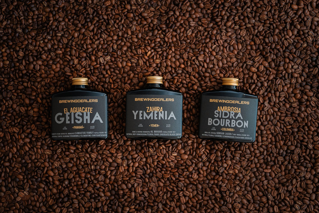 Brewing Dealers tins including El Aguacate Geisha from Panama on a bed of roasted coffee beans