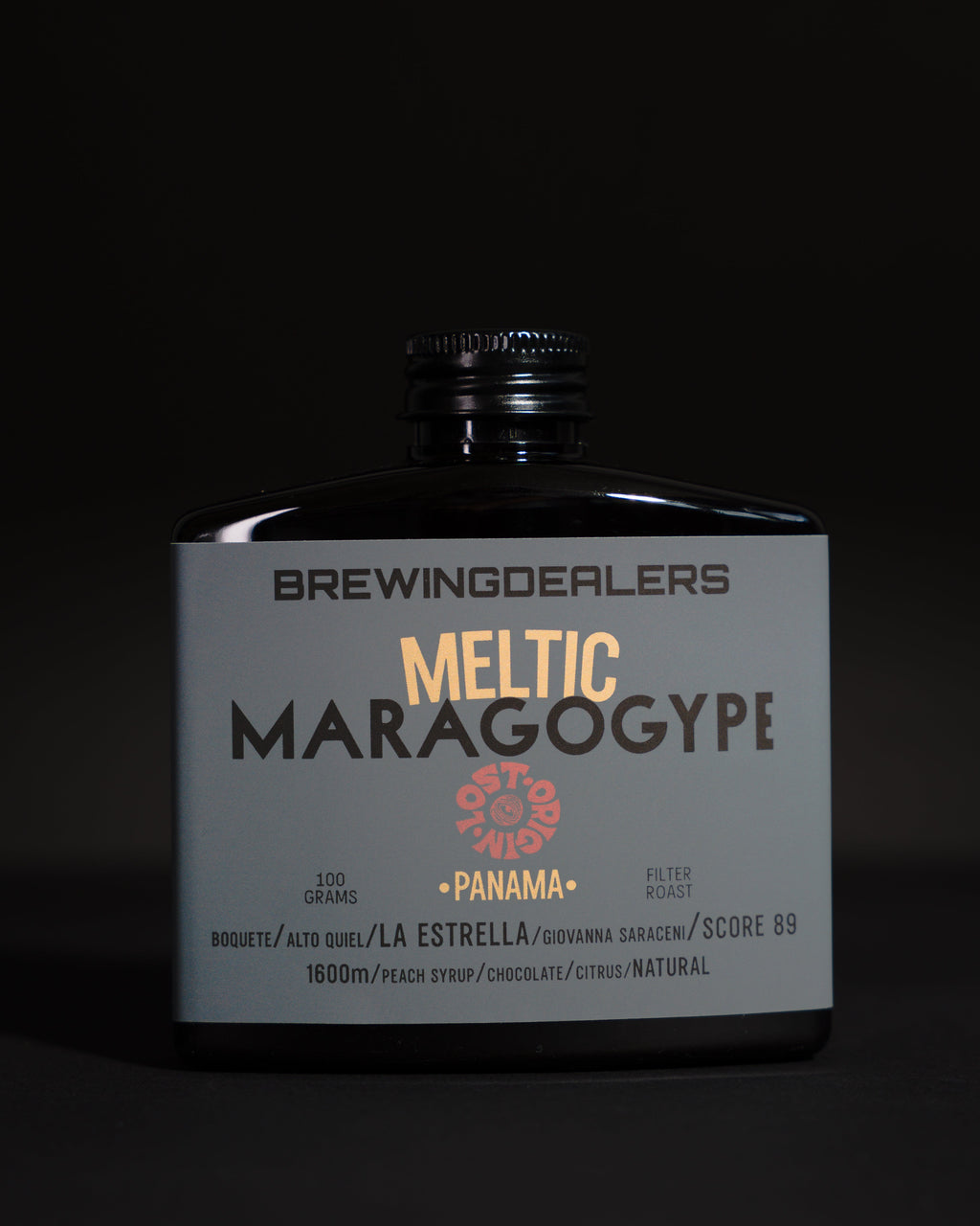 Meltic specialty coffee by Brewing Dealers — Panama Maragogype natural with peach syrup, citrus, and chocolate notes