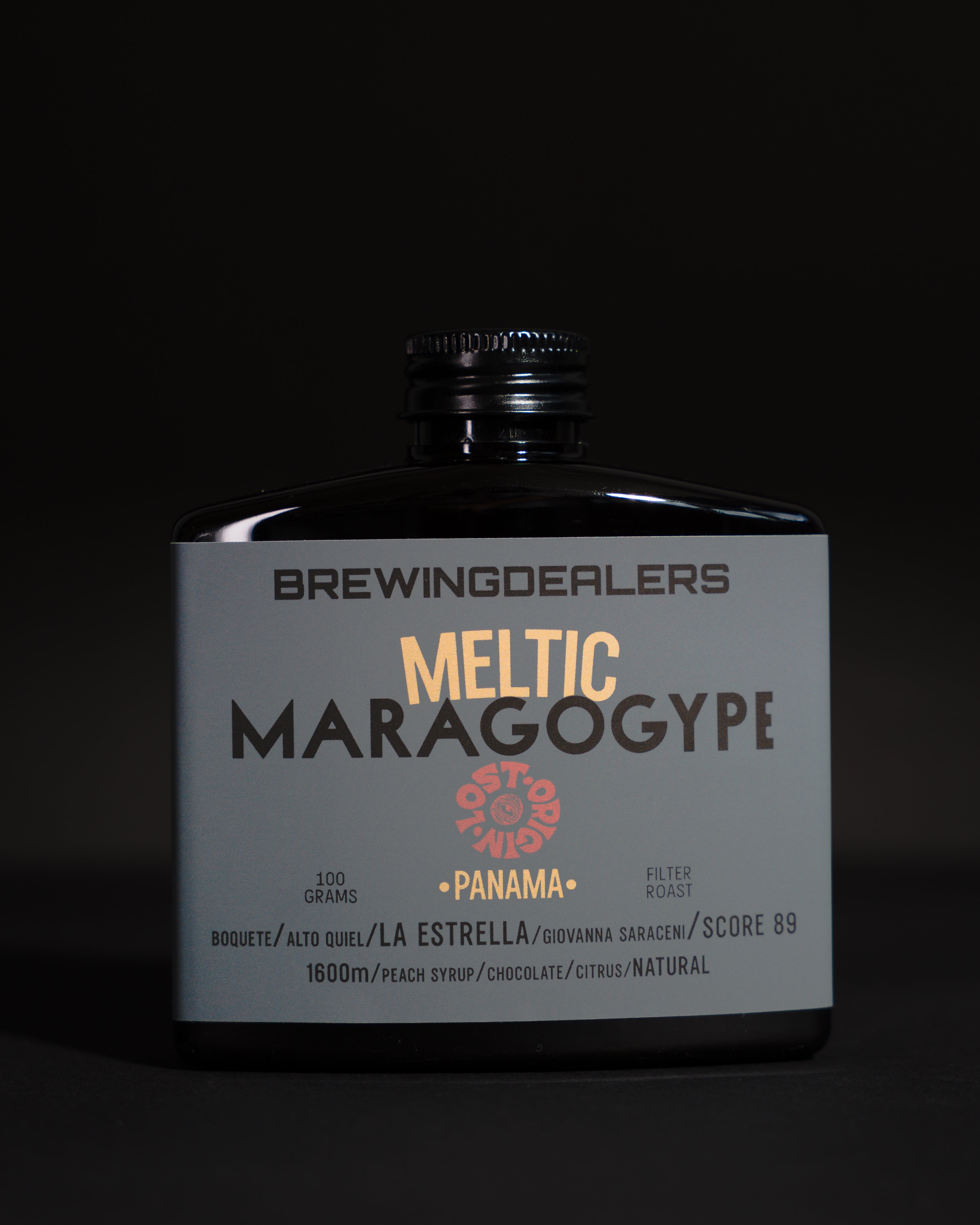 Meltic specialty coffee by Brewing Dealers — Panama Maragogype natural with peach syrup, citrus, and chocolate notes