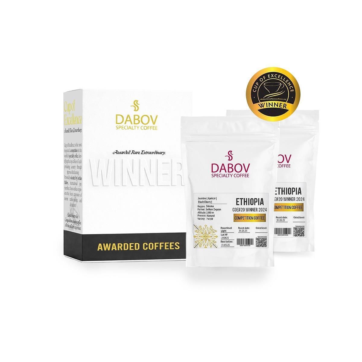 Ethiopia Cup of Excellence #20 2024 specialty coffee box by Dabov — 2 x 65g, natural process 74158 variety with notes of jasmine, apricot, and black cherry