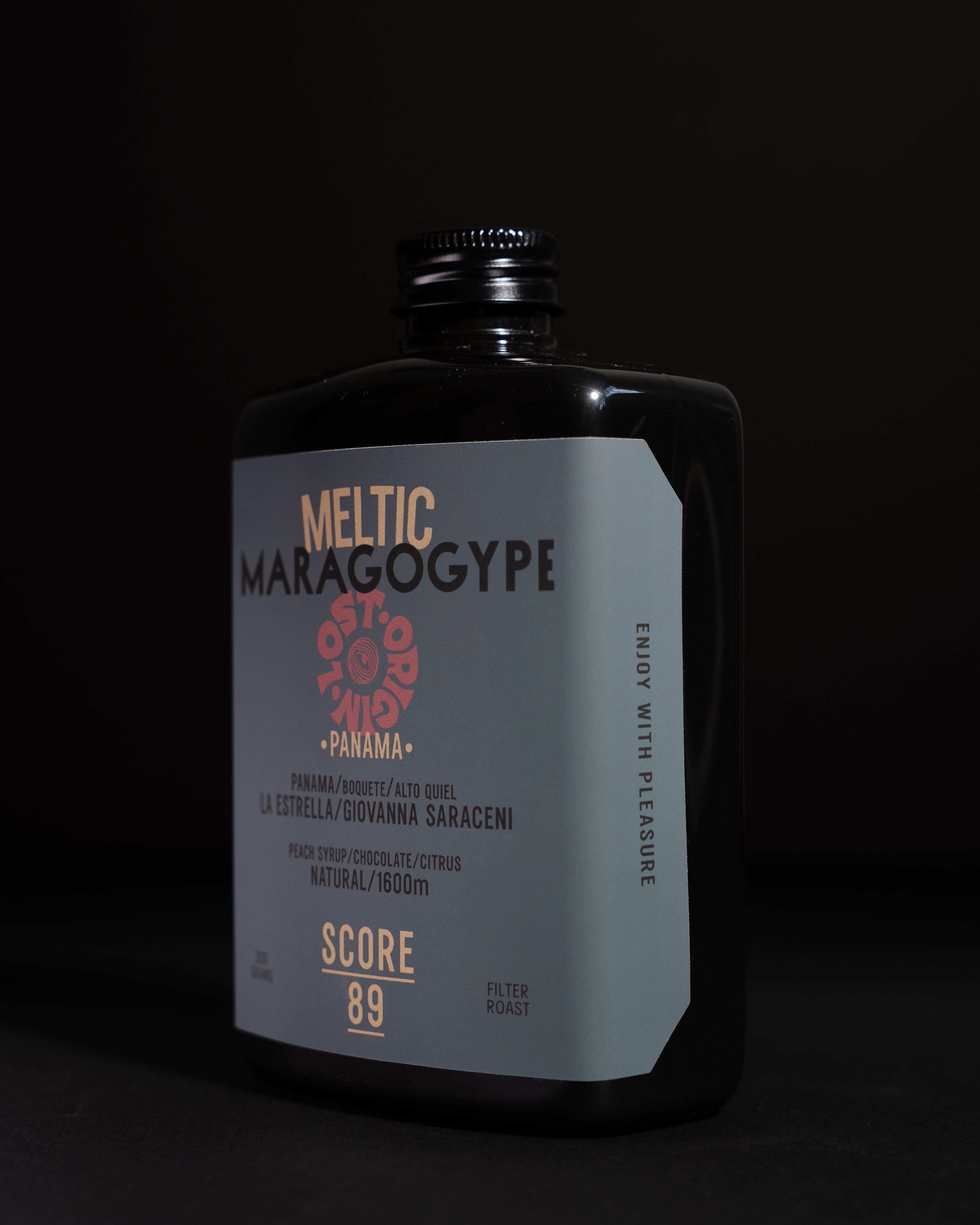 Meltic coffee 200g bag side — peach syrup citrus chocolate SCA 89