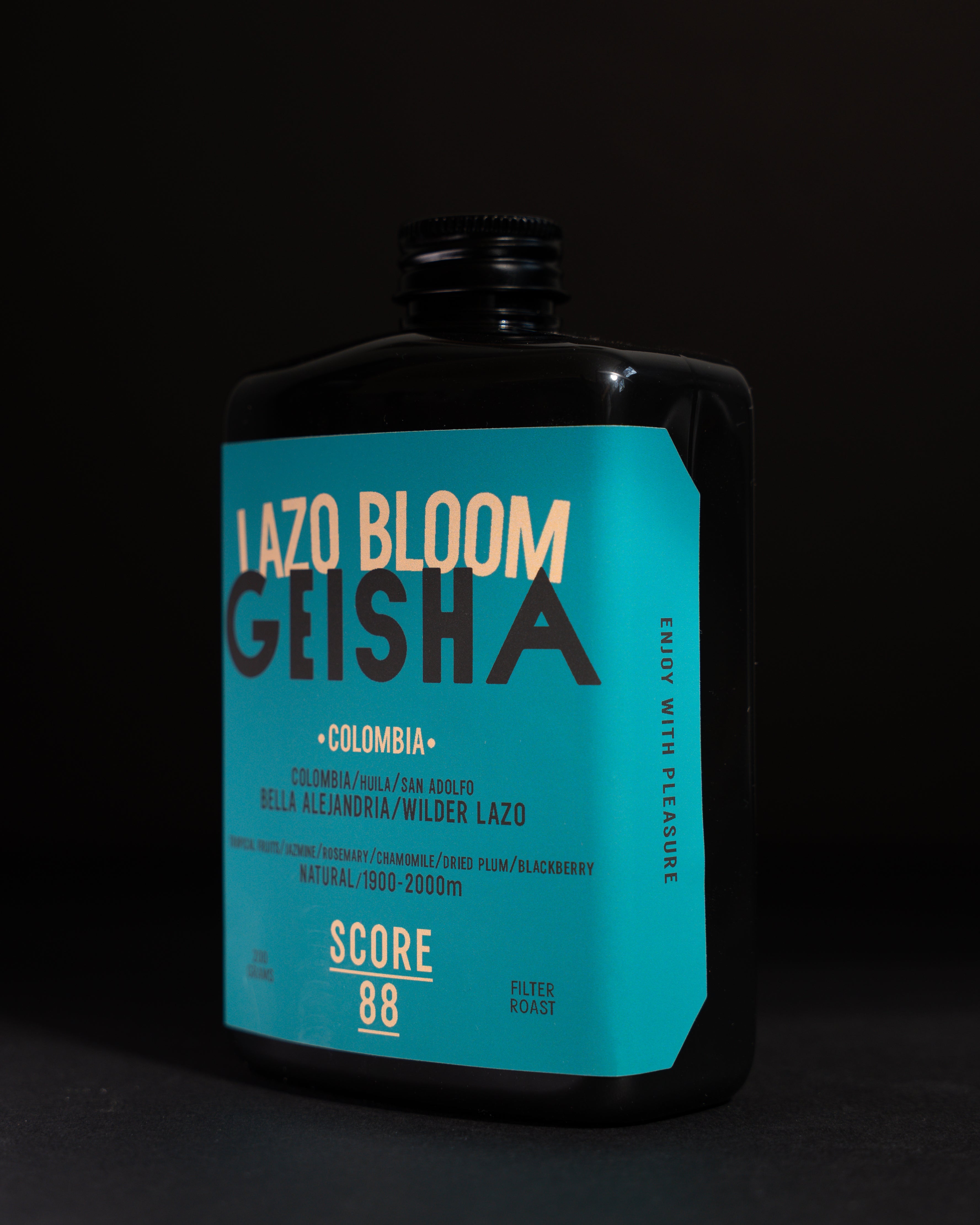Lazo Bloom coffee bag side — origin Colombia Huila, natural 200h anaerobic, SCA 88