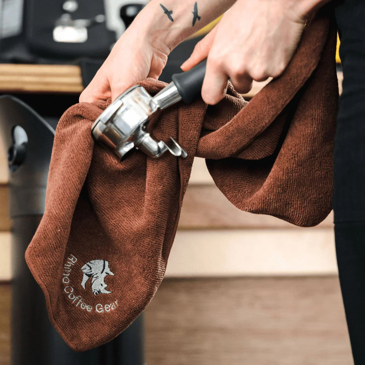 Rhino Barista Cloth Set - cloths spread out showing all 4 colors